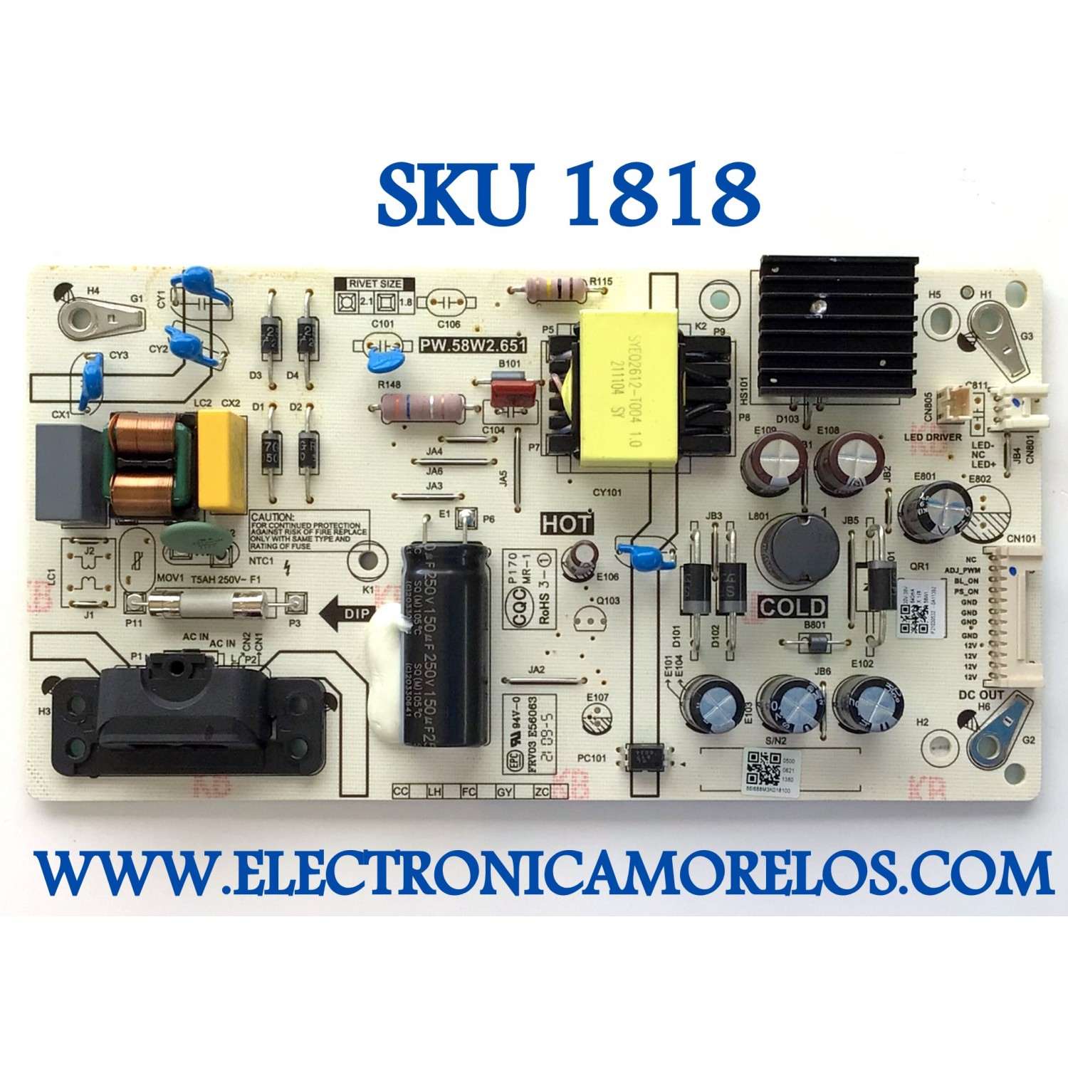 FUENTE DE PODER PARA TV INSIGNIA HD SMART FIRE TV / NUMERO DE PARTE 0500-0621-1380 / PW.58W2.651 / 050006211380 / P21030532 / E56063 / PANEL ST3151A07-2 / MODELO NS-32F201NA22